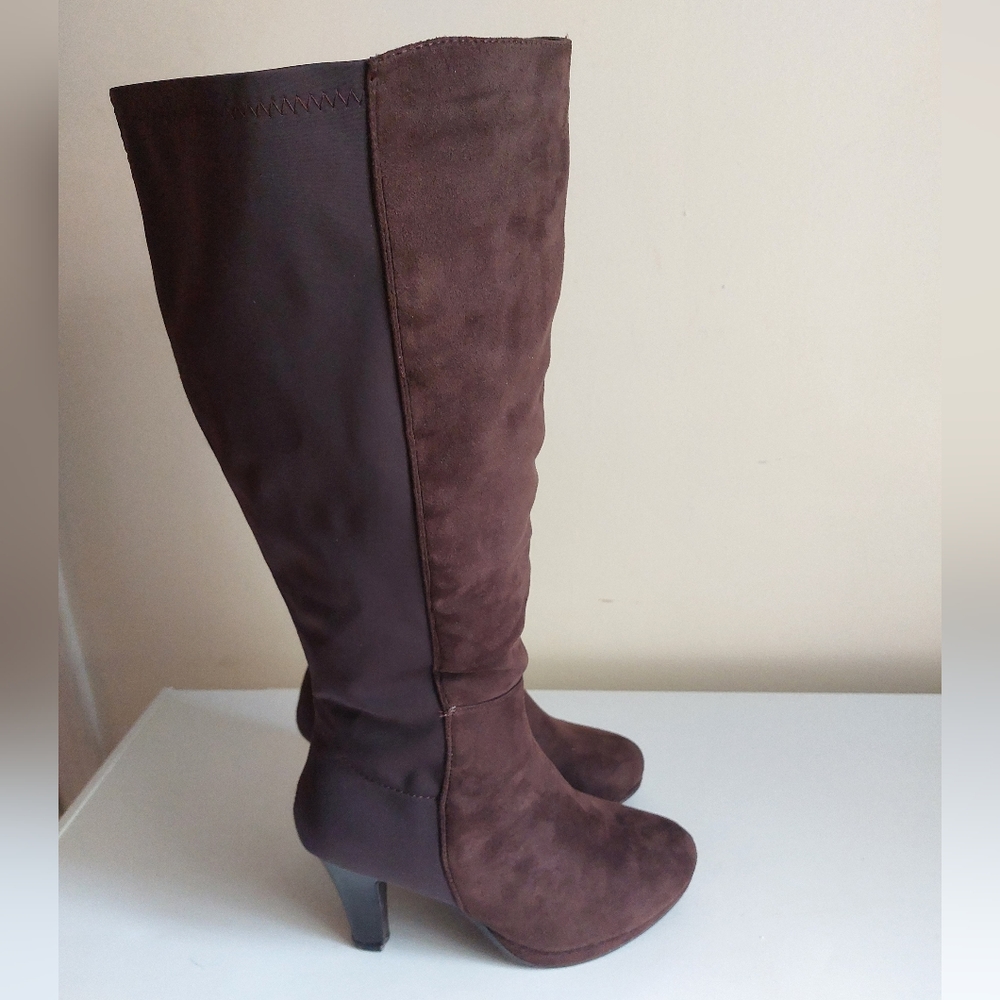 Lane Bryant - Faux Suede Brown Knee-High Heeled Boots w/ Zipper